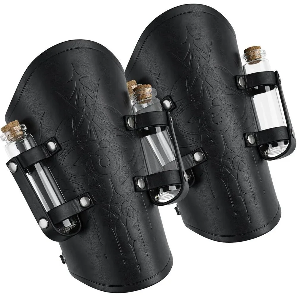 Medieval Faux Leather Bracers with Vials Fantasy Cosplay Arm Guards